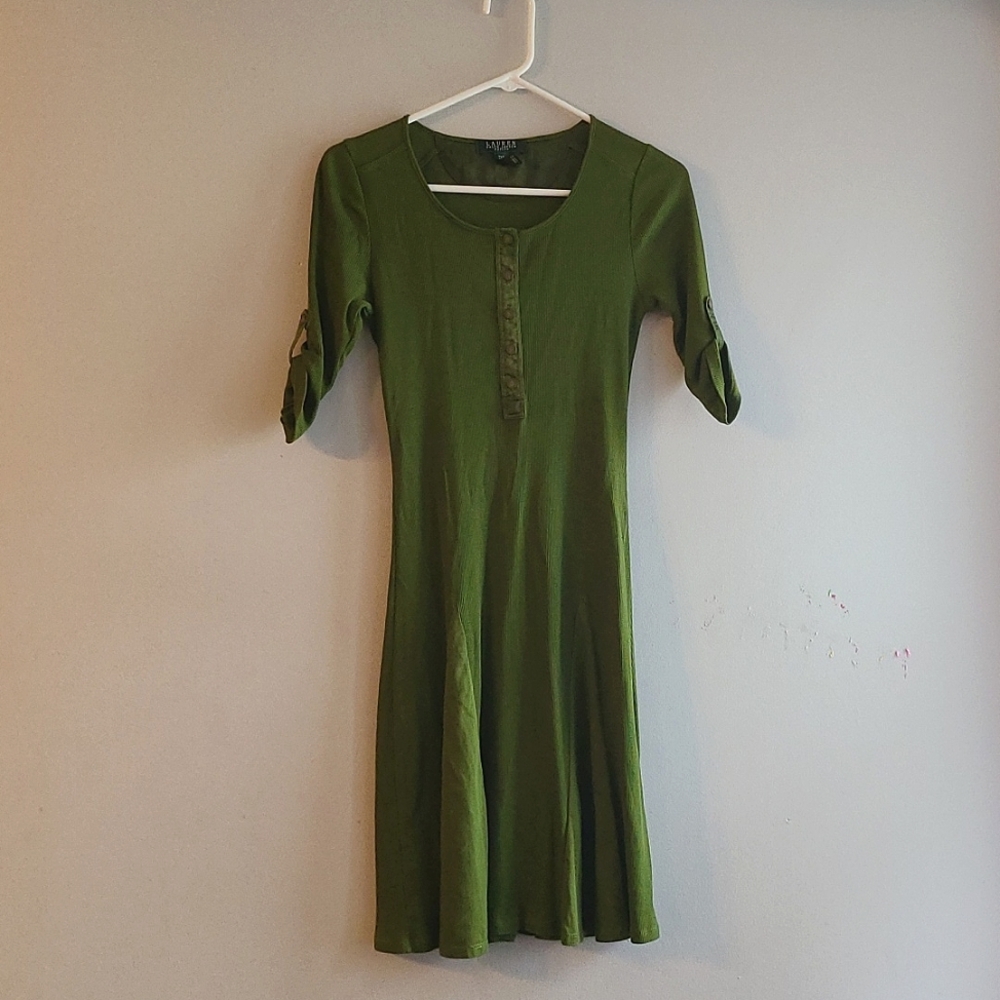 Lauren - Ralph Lauren Petite Olive Green Ribbed Dress Flowy Skirt PXS